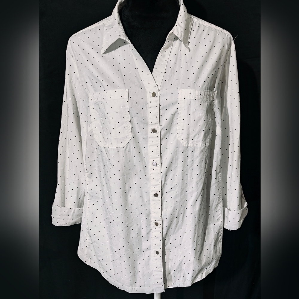 White Black Polka Dot Collared Silver Button Quarter Sleeve Dress Shirt Sz XL